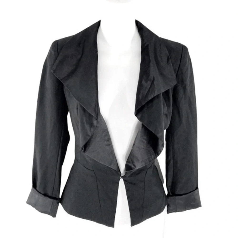 Anthro Tabitha black silk drape kiss front blazer jacket KK29